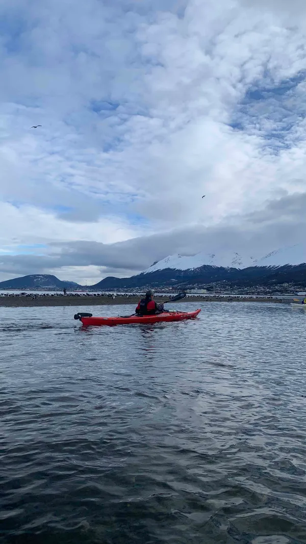 Kayaking in Beagle Channel with mountain backdrop, Ushuaia